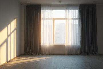 Brown light curtains in empty room clean with backlit window. Sunlight shines evening through window modern and inside there are shadows light. Interior room decoration. Background Abstract Texture.