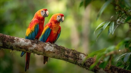 Fototapeta premium Two bright parrots sit on a tree branch surrounded by green leaves. They display vibrant feathers as they look around in their natural habitat during the day.