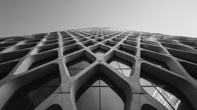 The image is a black and white photo of a building with a lot of windows. The building has a unique design with a lot of windows and a lot of detail. The photo gives off a feeling of grandeur