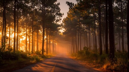 Fototapeta premium Sunlit Forest Path - A Serene Journey Through Natures Embrace at Dawn.