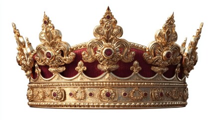 Obraz premium A golden crown displayed on a white background features detailed designs. The crown has red fabric and jewels reflecting a rich history of royalty and tradition.