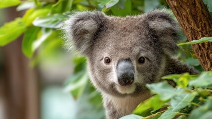 Obraz premium A koala rests on a branch surrounded by green leaves. It looks toward the viewer with curiosity. The setting is a natural environment showcasing trees and foliage.
