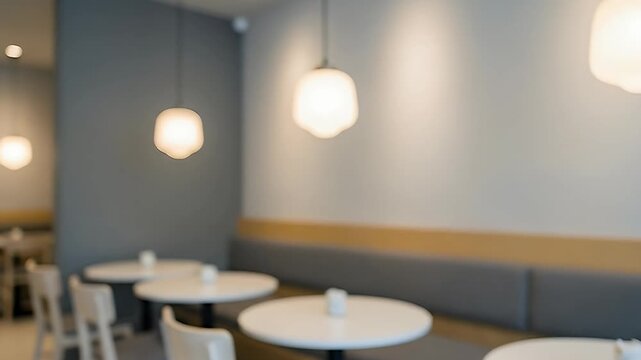 A tranquil, modern cafe or restaurant interior is depicted with a soft, blurred focus, creating a serene and inviting atmosphere. The clean design features sleek round tables, light-colored chairs, an