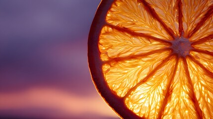 Translucent Orange Slice Against a Vibrant Sunset Sky.