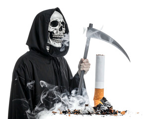 A cloaked figure, skeletal, holds a scythe, exhaling smoke near a burning cigarette, suggesting danger, highlighting health concerns