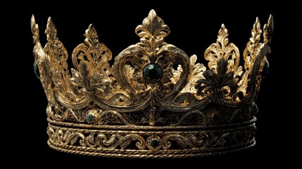 The crown is made of gold and features detailed decorative patterns. It is set with dark gemstones and highlighted by adequate lighting. This is displayed in a museum.