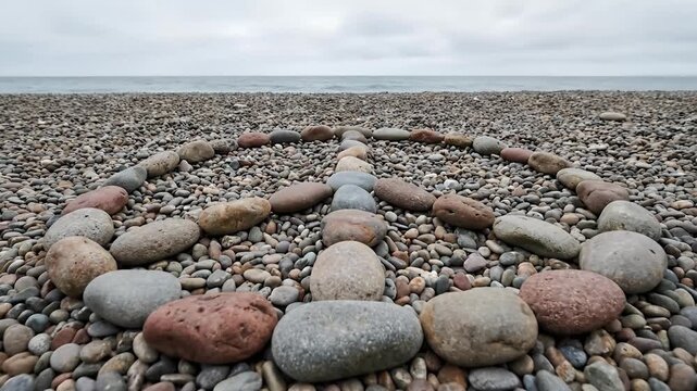 A tranquil wide shot captures a symbolic arrangement of multi-colored natural pebbles forming a globally recognized emblem of peace and unity on a vast, textured beach. The stones are carefully placed