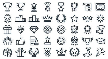 Fototapeta premium Line-art awards icons collection: trophies, medals, ribbons, badges, diplomas, certificates, crowns, stars, and laurel wreaths for recognition and achievement