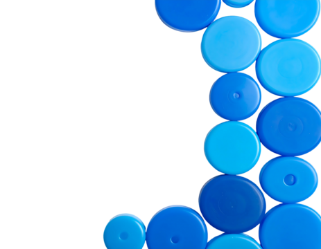 A close-up, abstract composition featuring a collection of circular, plastic objects in shades of blue against a black backdrop - Powered by Adobe