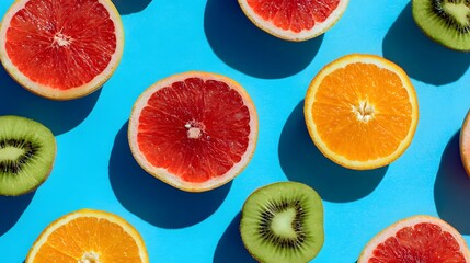 Vibrant Citrus and Kiwi Fruit Slices on a Blue Background.