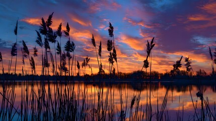 Naklejka premium Vibrant Sunset Reflections - Silhouetted Reeds and Colorful Sky over Calm Water.