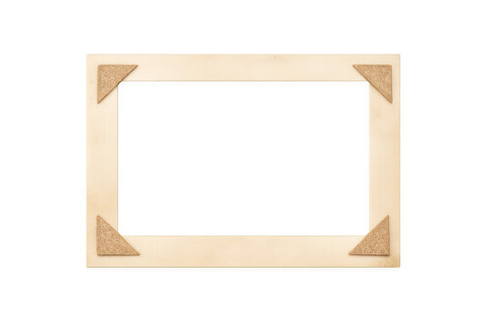 Vintage wooden picture frame with cork photo corners for scrapbooking, art, and memory projects on transparent background