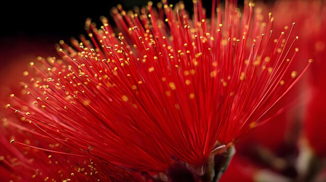 Vibrant Red Powderpuff Flower with Delicate Stamens Close-Up.