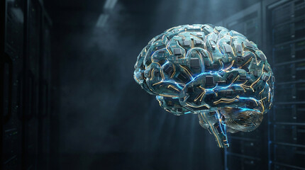 Futuristic brain with glowing circuits in dark server room