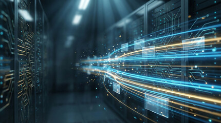 Futuristic data center with neon lights and circuit boards glowing