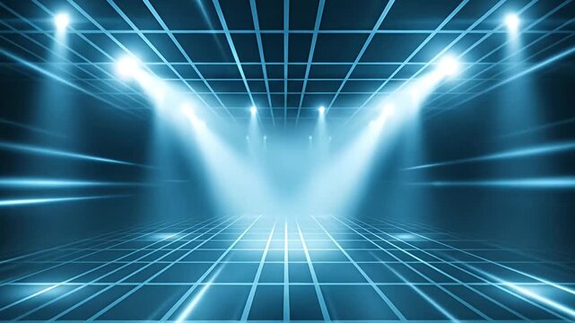 A vibrant and futuristic abstract background featuring a mesmerizing blue grid pattern extending across the floor and ceiling into the deep distance. Dynamic spotlights pierce through a smoky atmosphe