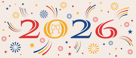 Happy New Year 2026 banner with colorful fireworks; a modern flat design for a 2026 New Year's Eve party celebration.  Unique 2026 logo design template.