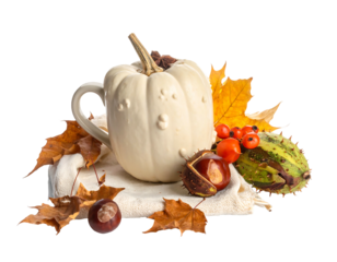 A close-up arrangement features a white, gourd-shaped mug amid autumn foliage, berries, and chestnuts on a white cloth