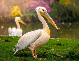 Graceful pelican stands on green grass, vibrant flowers and calm water in soft light