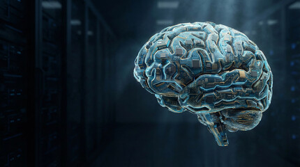 Futuristic brain with circuit board design in dark server room