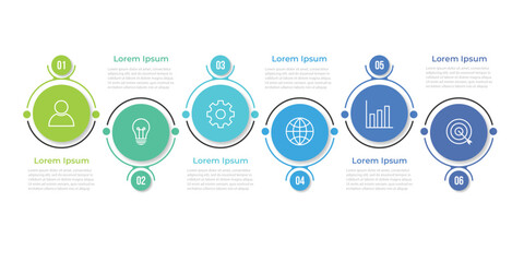 Circular process diagram color minimalist design with 6 steps sequence. Business communication and development presentation with frames. Six connected round shapes for data infographic