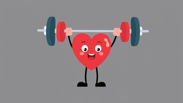 Cute minimal flat cartoon heart illustration showing a red heart lifting weights friendly cheerful character smooth outlines pastel colors gray background vector style
