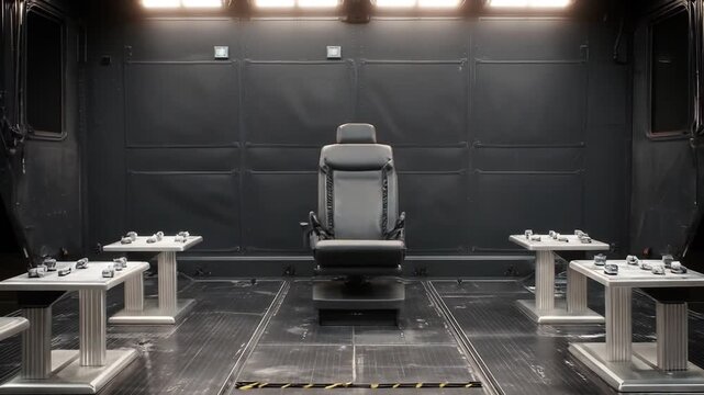 A dimly lit interior, dark walls and floor, a lone chair centered, small tables with objects