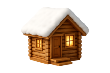Winter Log Cabin With Snowy Roof 3D Icon Isolated on a Transparent Background