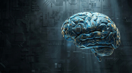 Cyborg brain with circuit boards and microchips glowing blue