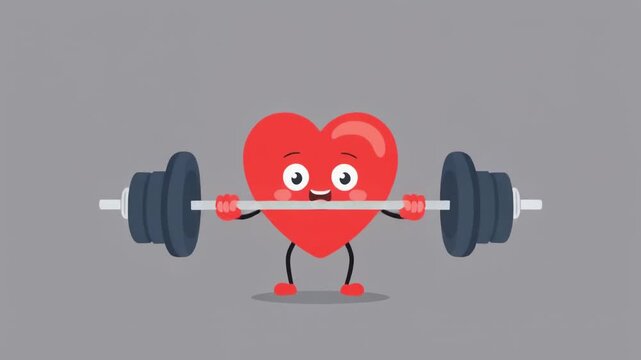 Flat cartoon style vector illustration of a red heart lifting weights friendly expressive character smooth outlines pastel colors minimal gray background
