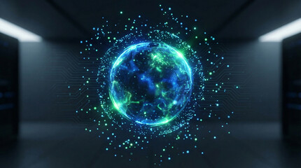 Glowing blue digital earth with sparkling particles in modern tech space