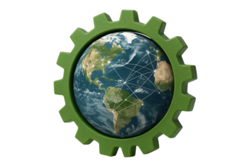 Global Technology Network Earth Gear Isolated on a Transparent Background