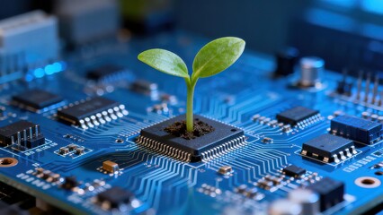 Seedling growing on a circuit board