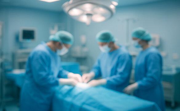 Three surgeons in blue scrubs and masks focus intently on a patient under bright operating room lights, conveying a scene of precision and care.