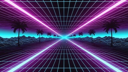 Retro Futuristic Neon Landscape with Palm Trees.