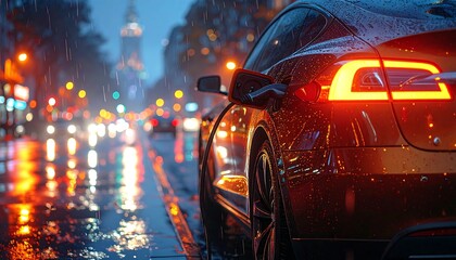A close-up of a sleek, modern car parked on a wet city street, illuminated by the glow of streetlights and rain