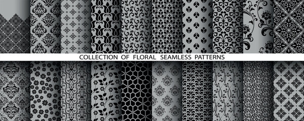 Geometric floral set of seamless patterns. Gray and black vector backgrounds. Damask graphic ornaments