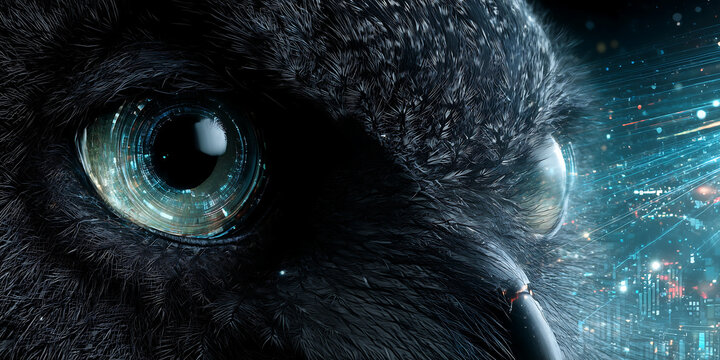 Futuristic owl Eye with Glowing Digital HUD showing data input and analyzing process   - Powered by Adobe