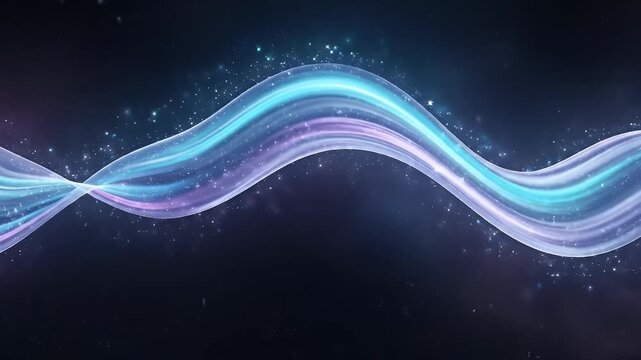 A vibrant, translucent, wavy ribbon of light in shades of blue and purple elegantly undulates across a dark, sparkling background, creating a mesmerizing flow of energy. This dynamic abstract motion g