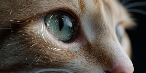 Futuristic Orange Cat Eye with Glowing Digital HUD showing data input and analyzing process  