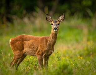 Fototapeta premium Graceful young deer standing alert in a lush, green meadow, framed by blurred foliage