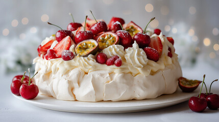 Elegant Pavlova Cake with Fresh Fruit Toppings