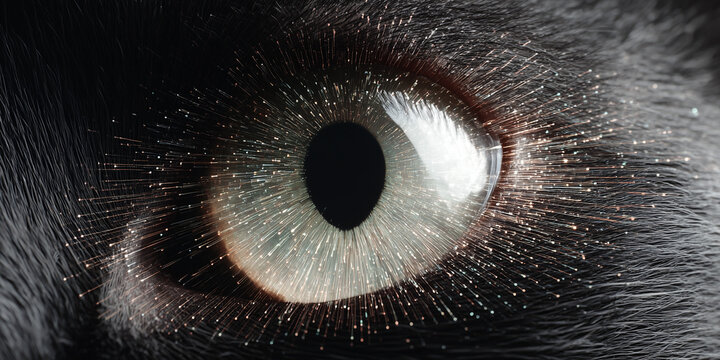 Futuristic Black Cat Eye with Glowing Digital HUD showing data input and analyzing process   - Powered by Adobe