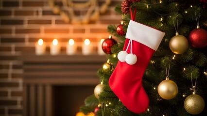 Cozy christmas scene with stocking and tree in front of fireplace with candles
