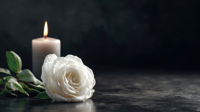 A white rose is lit by a candle on a dark background. The candle and the rose together create a sense of warmth and comfort, as well as a feeling of loss and mourning