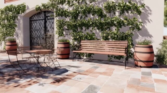 Exterior with vines, bench, and barrels. A patio with a table and chairs, near a door