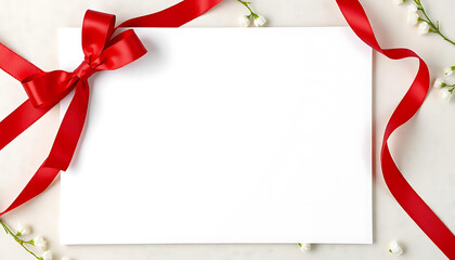 White rectangular card framed by two red ribbons crossing at corners on a white background, minimalist gift presentation; 4K, HD