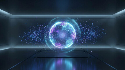 Glowing blue and purple orb in futuristic room with neon lights