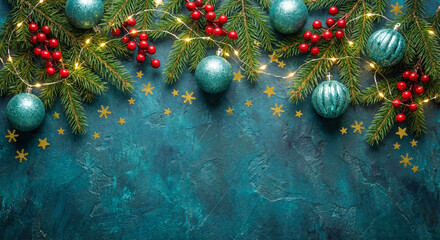 Elegant Christmas Flat Lay with Teal and Red Decorations on a Dark Background