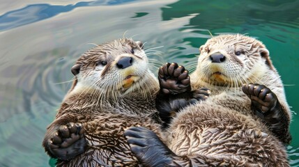 Two Playful Otters Floating on Water with Curious Expressions in Natural Aquatic Environment